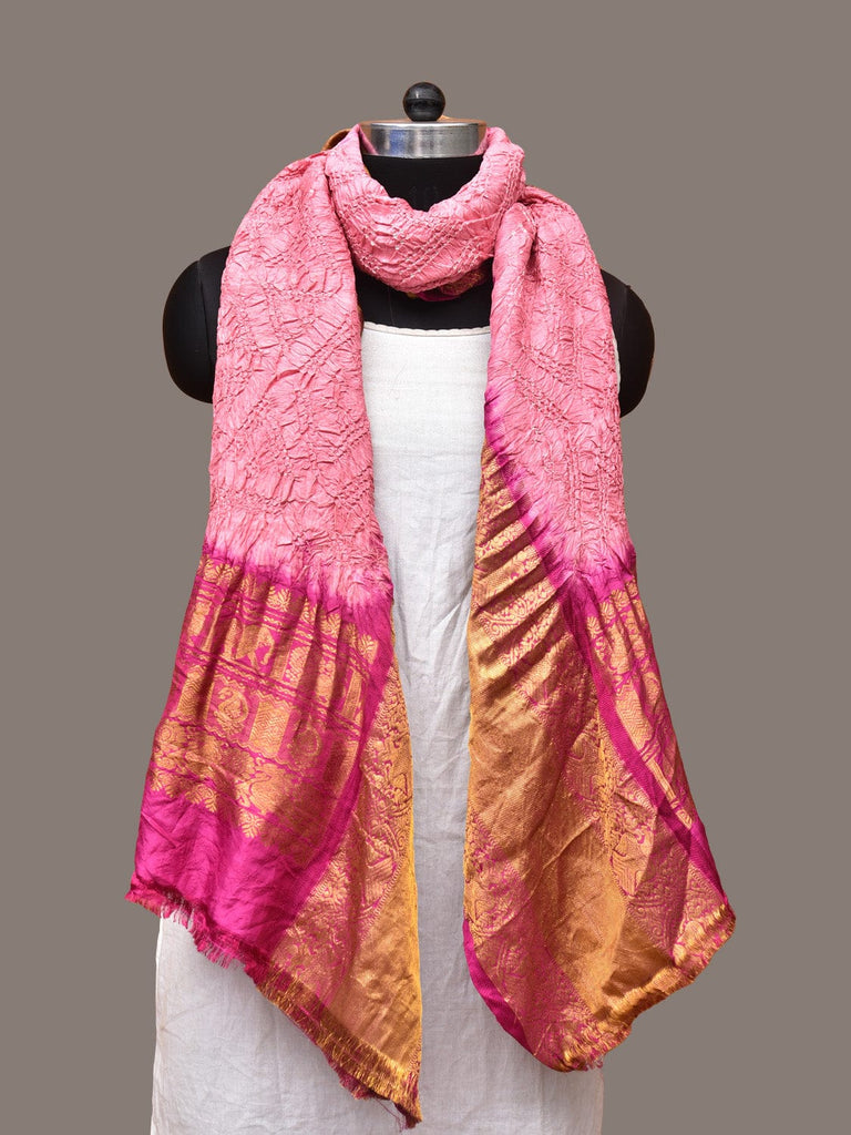 Baby Pink and Pink Bandhani Kanchipuram Silk Handloom Dupatta with Border Design ds3289