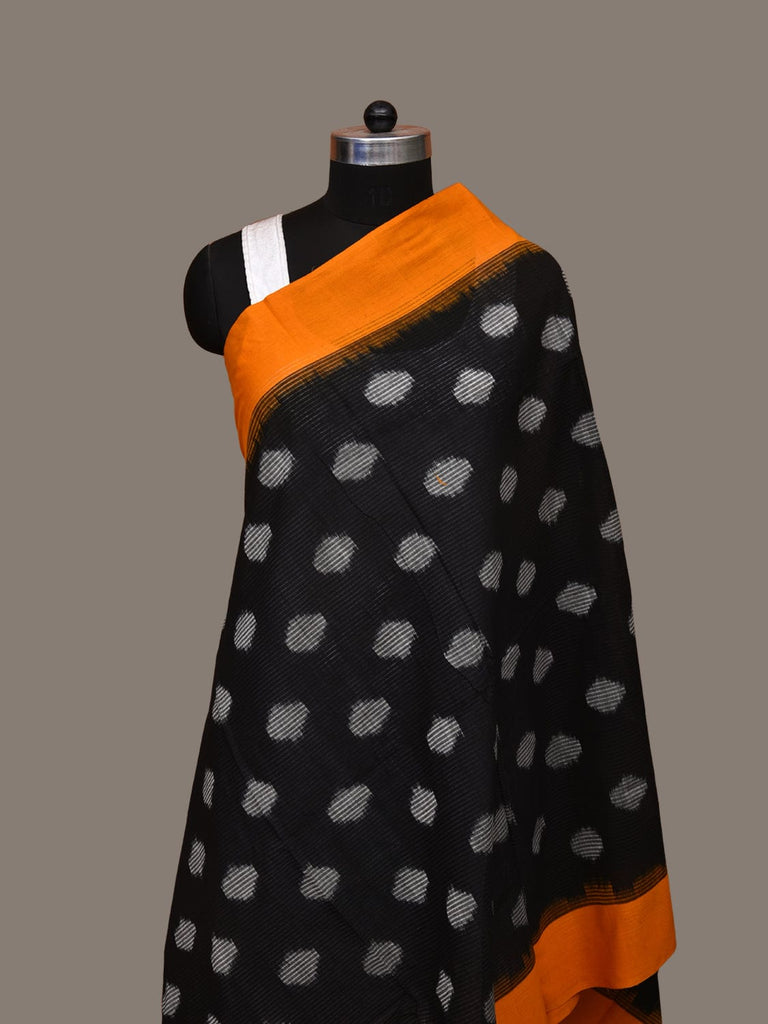 Black and Orange Pochampally Ikat Cotton Handloom Dupatta with Polka Dots Design ds3292