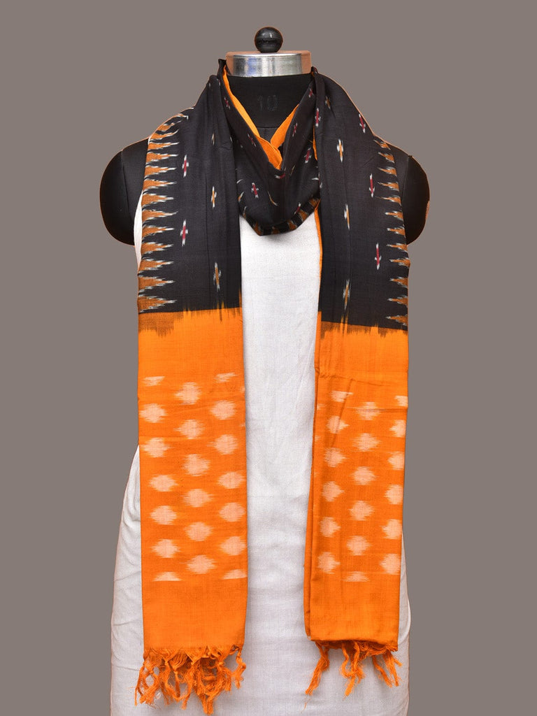 Black and Orange Pochampally Ikat Cotton Handloom Dupatta with Temple Border Design ds3329