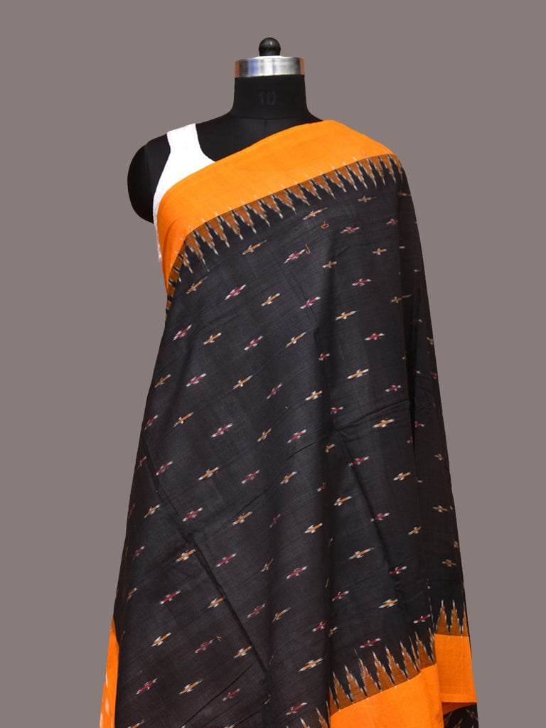 Black and Orange Pochampally Ikat Cotton Handloom Dupatta with Temple Border Design ds3329