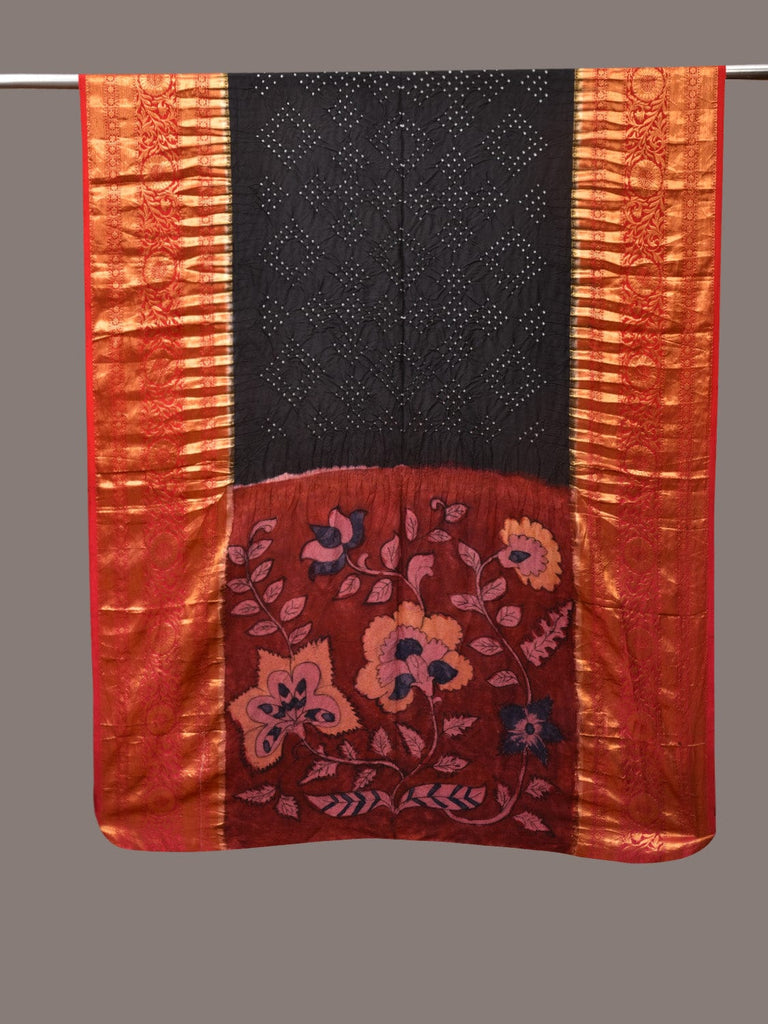 Black and Red Bandhani Kanchipuram Silk Handloom Dupatta with Kalamkari Design ds3495