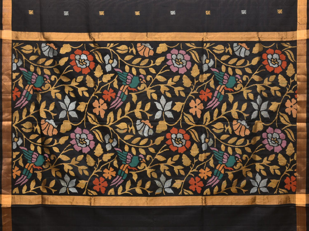 Black Uppada Silk Handloom Saree with Floral and Birds Pallu Design u2071