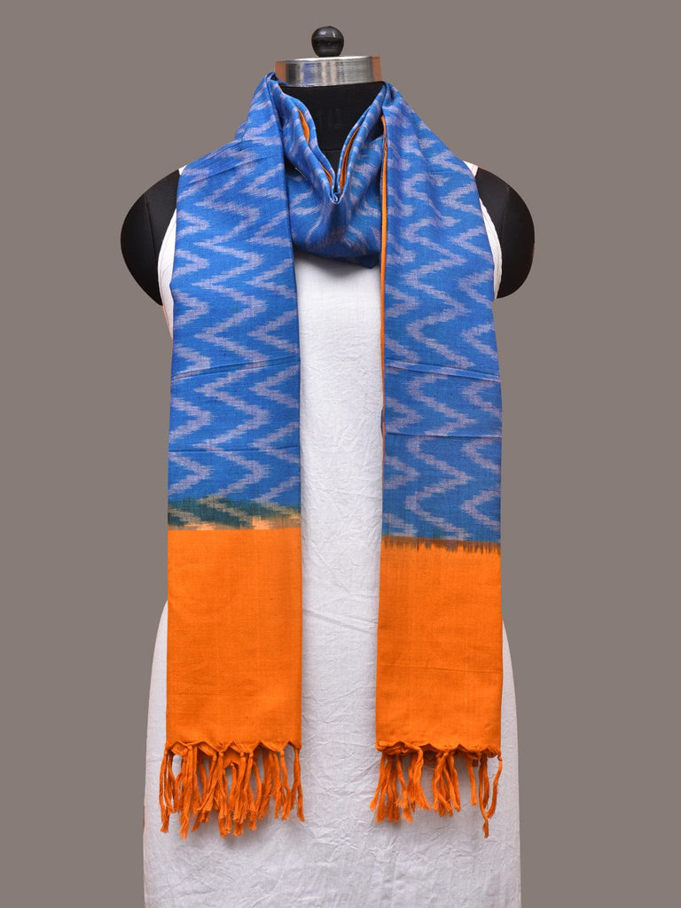 Blue and Yellow Pochamaplly Ikat Cotton Handloom Dupatta with Zig-Zag Design ds3355