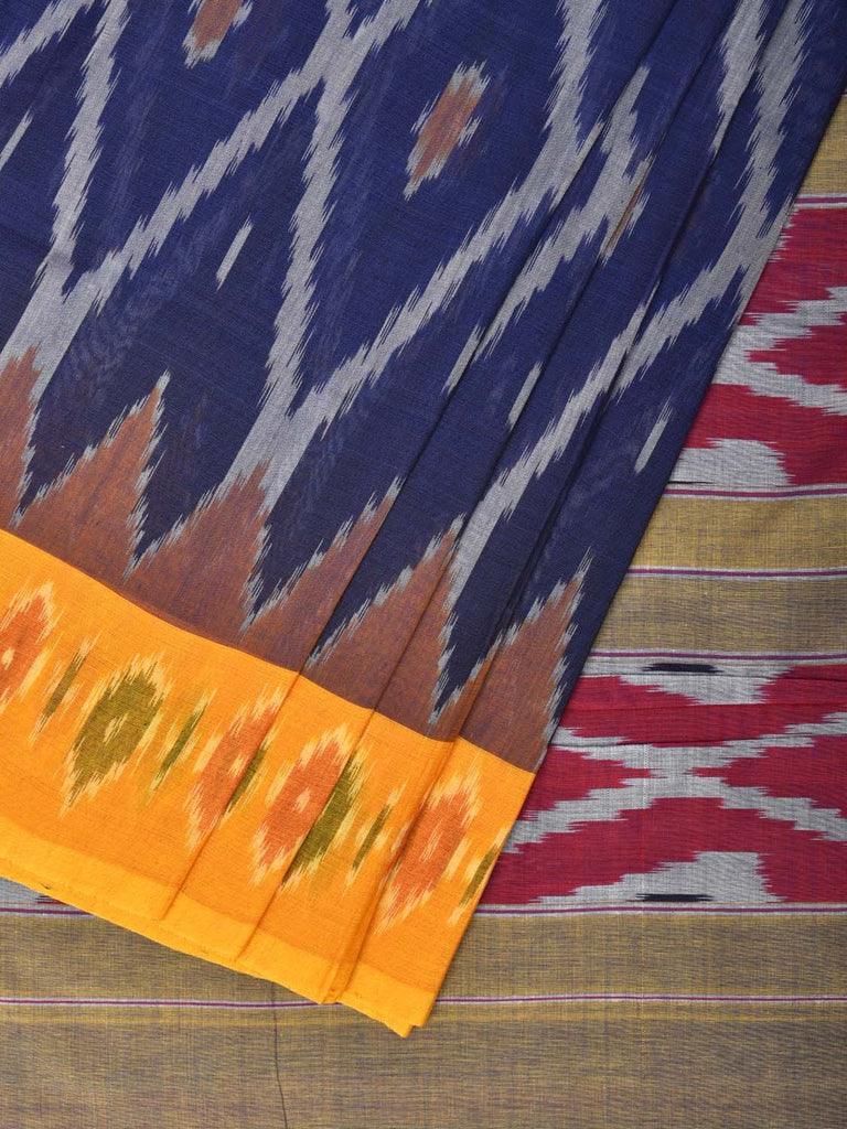Blue and Yellow Pochampally Ikat Cotton Handloom Saree with Grill Design No Blouse i0801