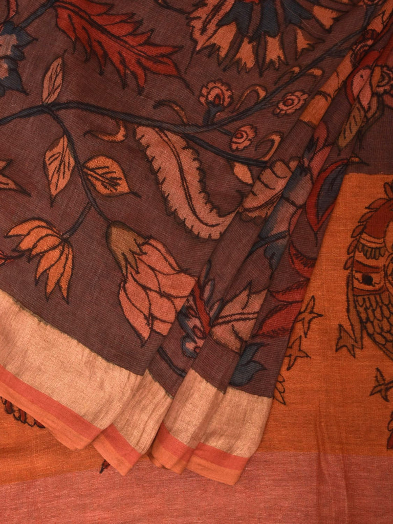 Brown Kalamkari Hand Painted Linen Handloom Saree with Floral and Birds Pallu Design KL0776