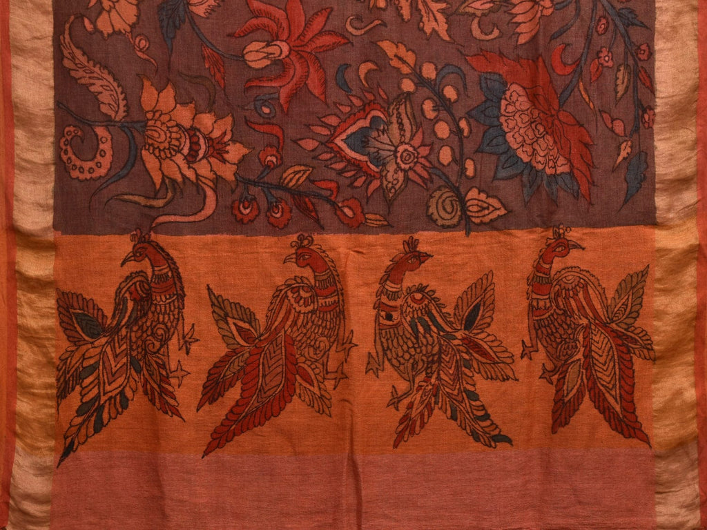 Brown Kalamkari Hand Painted Linen Handloom Saree with Floral and Birds Pallu Design KL0776