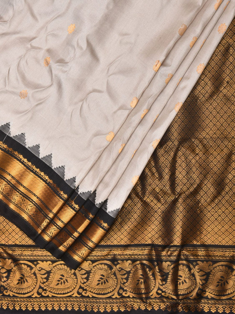 Cream and Black Gadwal Silk Handloom Saree with Mango Pallu and Border Design g0337