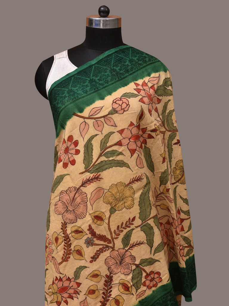 Cream and Green Kalamkari Hand Painted Cotton Silk Handloom Dupatta with Floral and Embroidery Design ds3496
