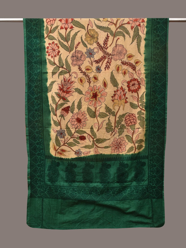 Cream and Green Kalamkari Hand Painted Cotton Silk Handloom Dupatta with Floral and Embroidery Design ds3496