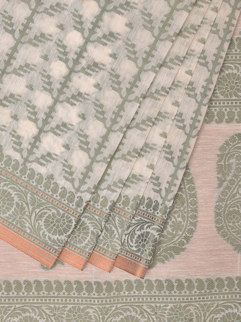 Cream and Light Green Cut Work Sico Cotton Saree with All Over and Border Design o0412