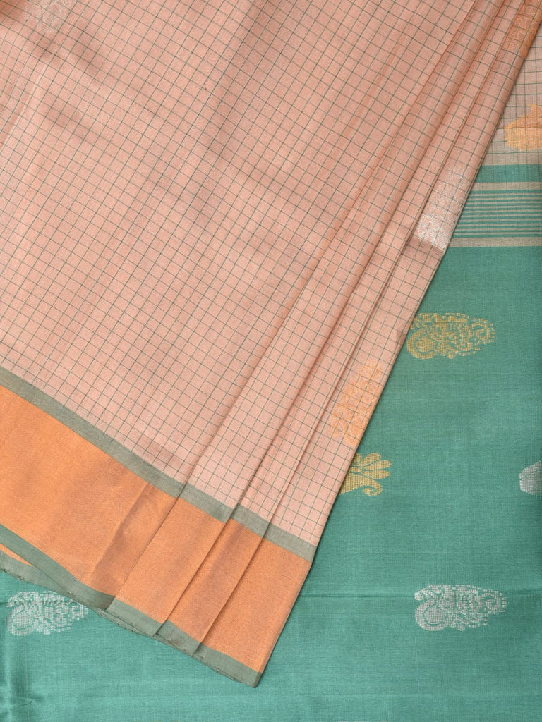 Cream and Turquoise Uppada Silk Handloom Saree with Body Buta and Checks Design u2121