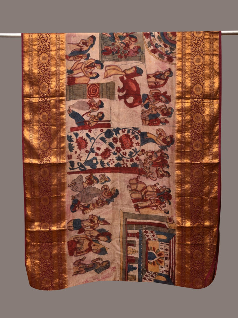 Cream Kalamkari Hand Painted Kanchipuram Silk Handloom Dupatta with Ajanta Design ds3426