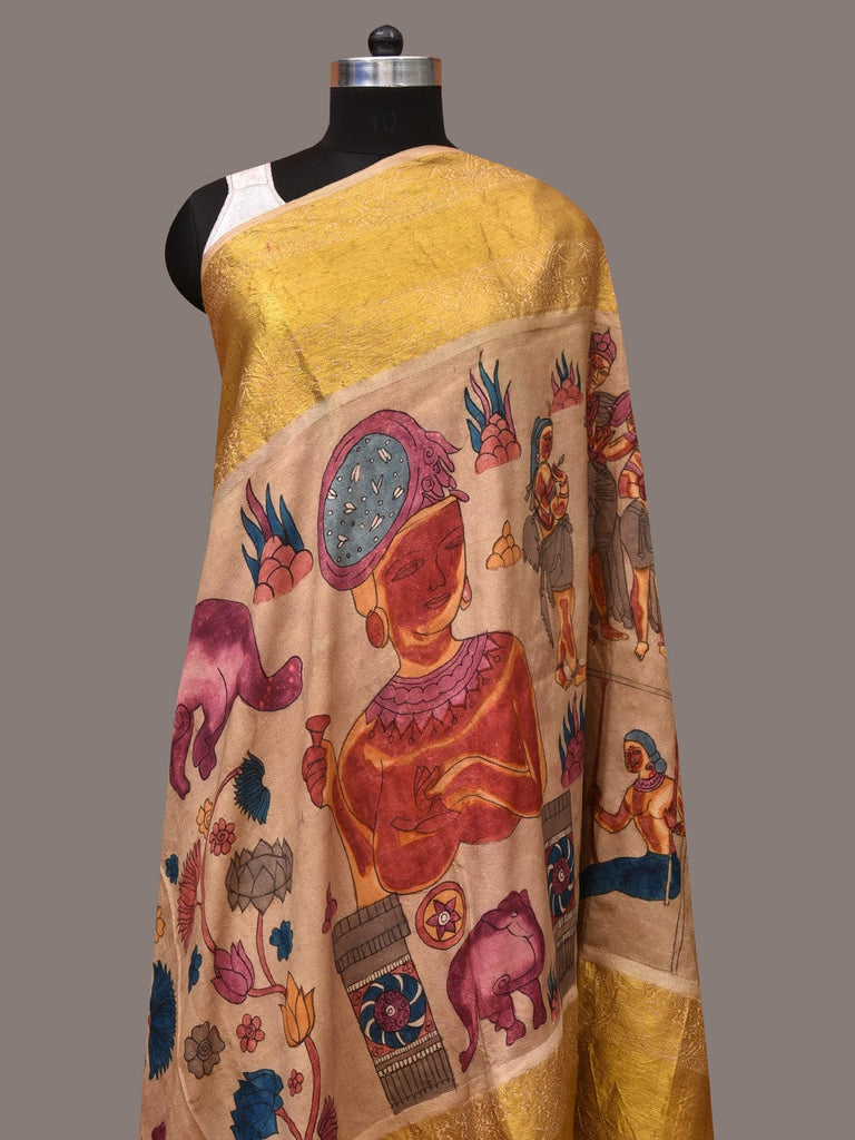 Cream Kalamkari Hand Painted Kanchipuram Silk Handloom Dupatta with Ajanta Design ds3489