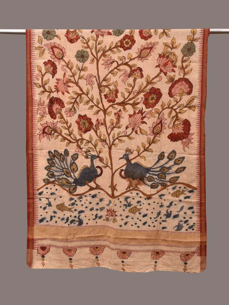Cream Kalamkari Hand Painted Khadi Cotton Handloom Dupatta with Tree of Life Design ds3503