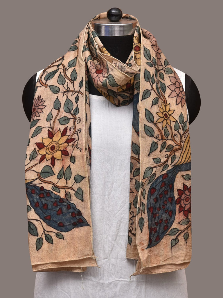 Cream Kalamkari Hand Painted Sico Stole with Floral and Peacocks Design ds3560