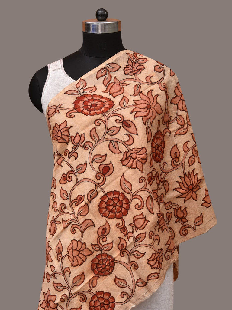 Cream Kalamkari Hand Painted Sico Stole with Floral Design ds3508