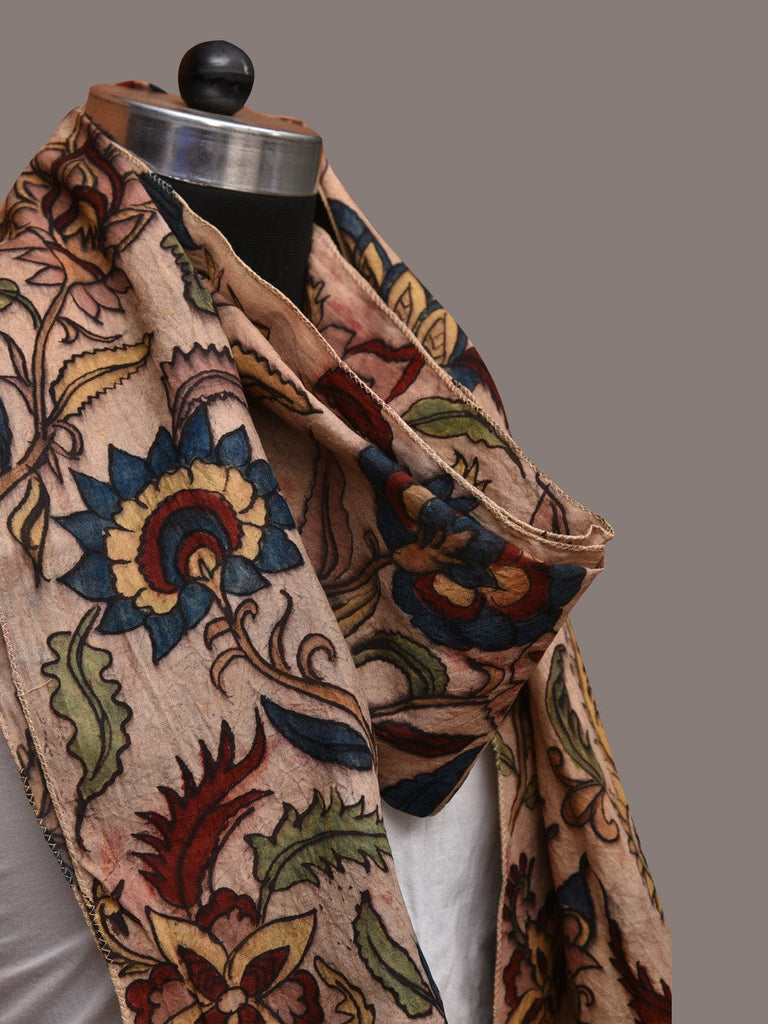Cream Kalamkari Hand Painted Sico Stole with Floral Design ds3550