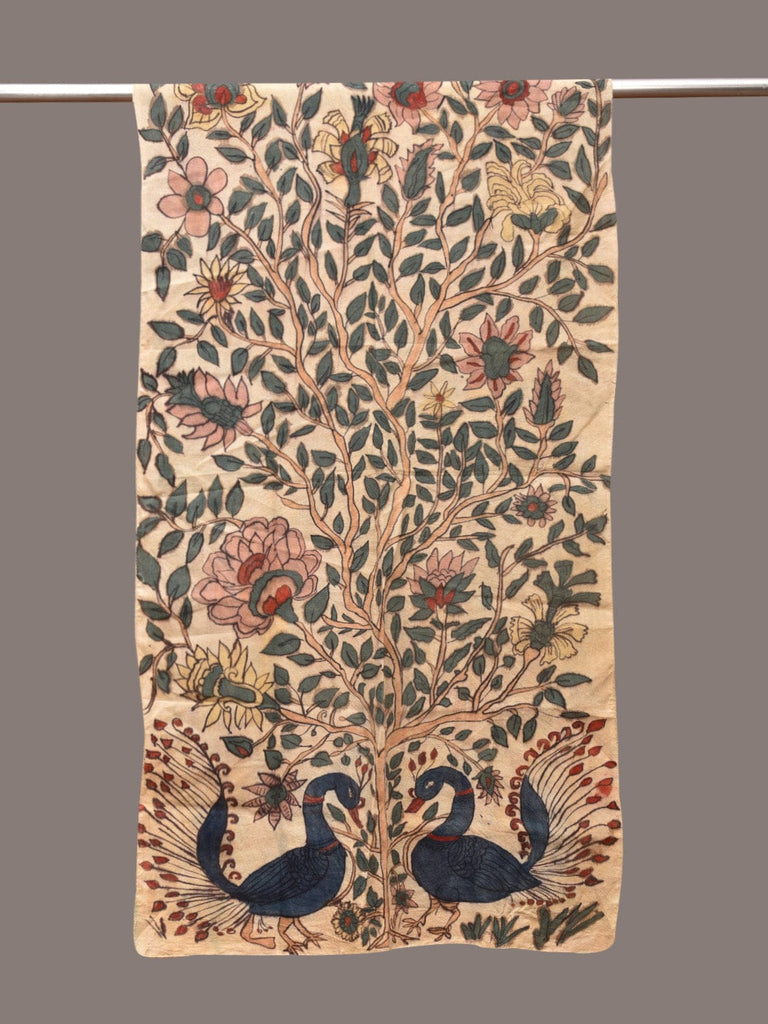 Cream Kalamkari Hand Painted Sico Stole with Tree of Life Design ds3389