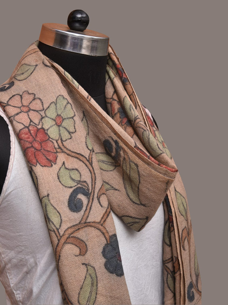 Cream Kalamkari Hand Painted Woolen Handloom Stole with Floral Design ds3543