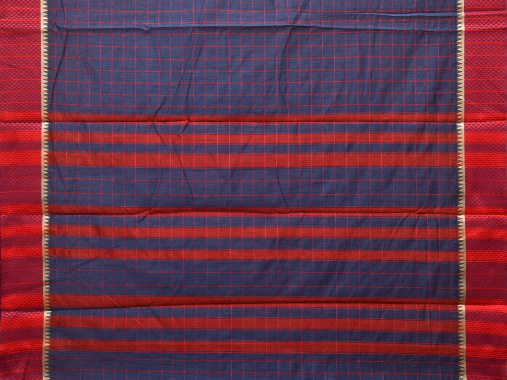 Dark Blue and Red Bamboo Cotton Saree with Big Checks Design No Blouse bc0258