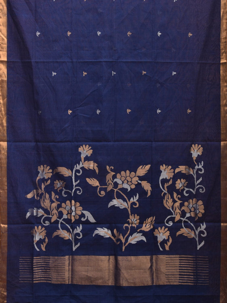 Dark Blue Khadi Cotton Handloom Saree with Floral Pallu Design kh0668