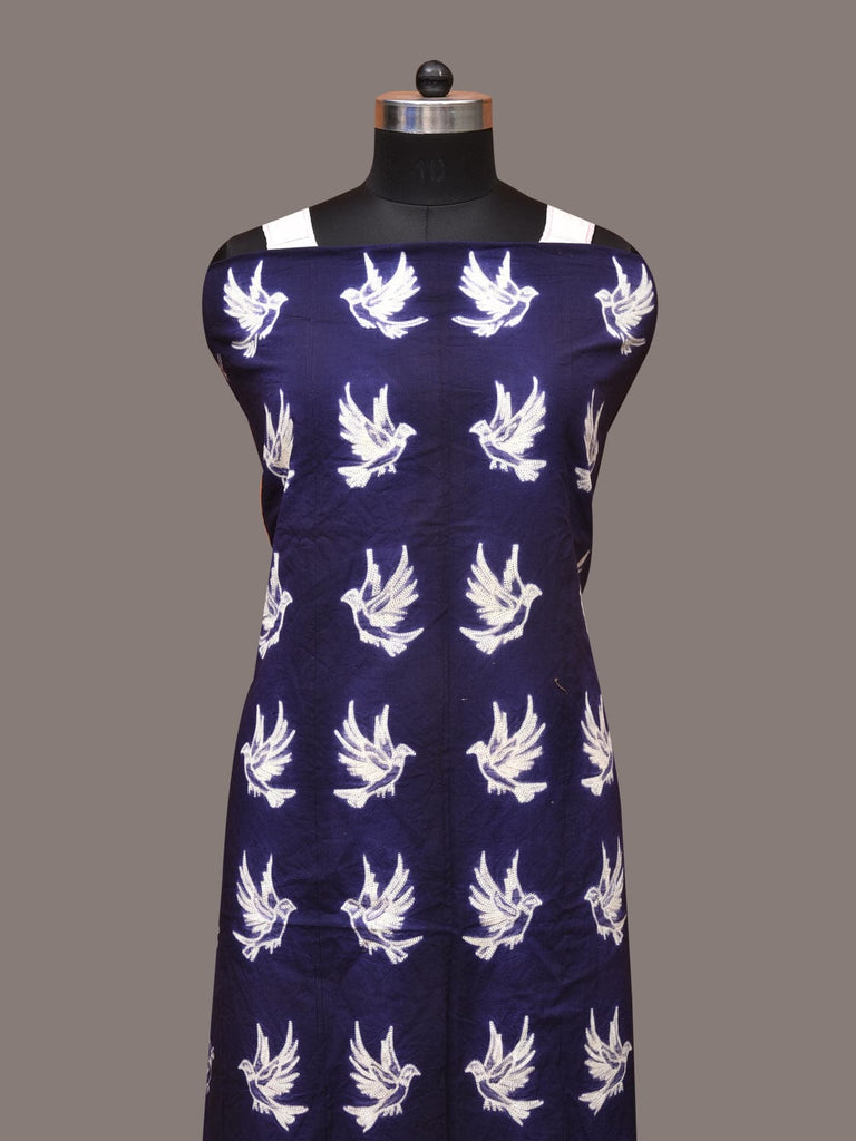 Dark Blue Shibori Cotton Handloom Fabric with Birds Design f0244