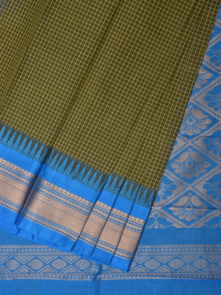 Dark Green and Blue Gadwal Cotton Plain Saree with Checks and Pallu Design No Blouse g0350