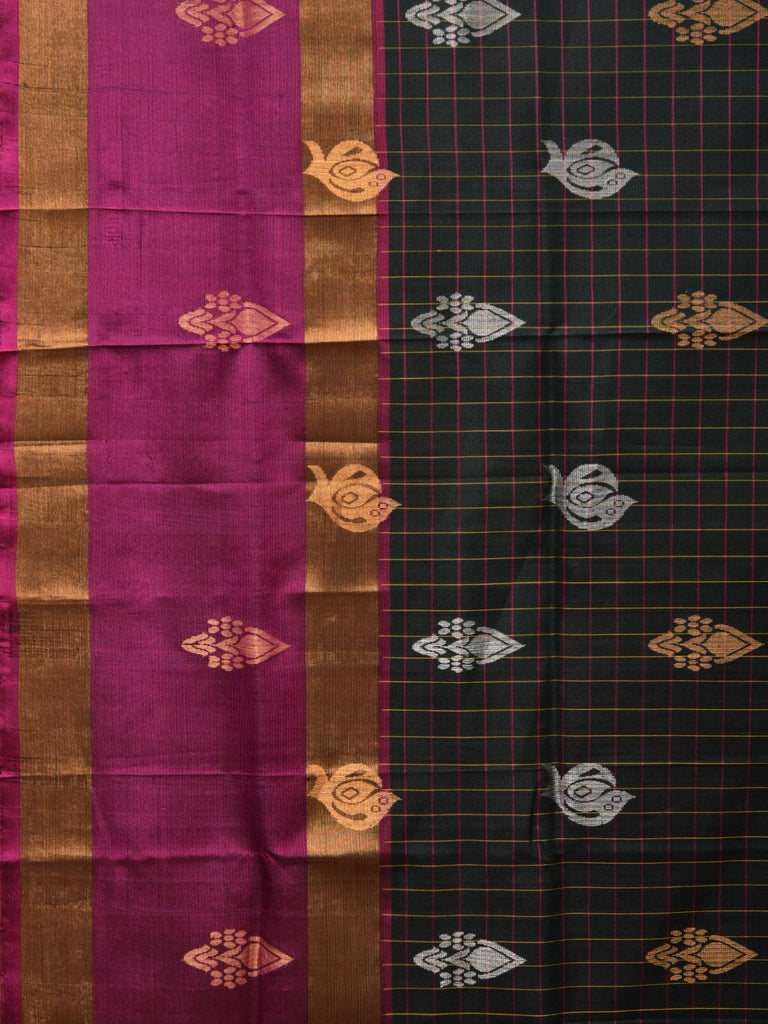Dark Green and Purple Uppada Silk Handloom Saree with Checks and Body Buta Design u2189