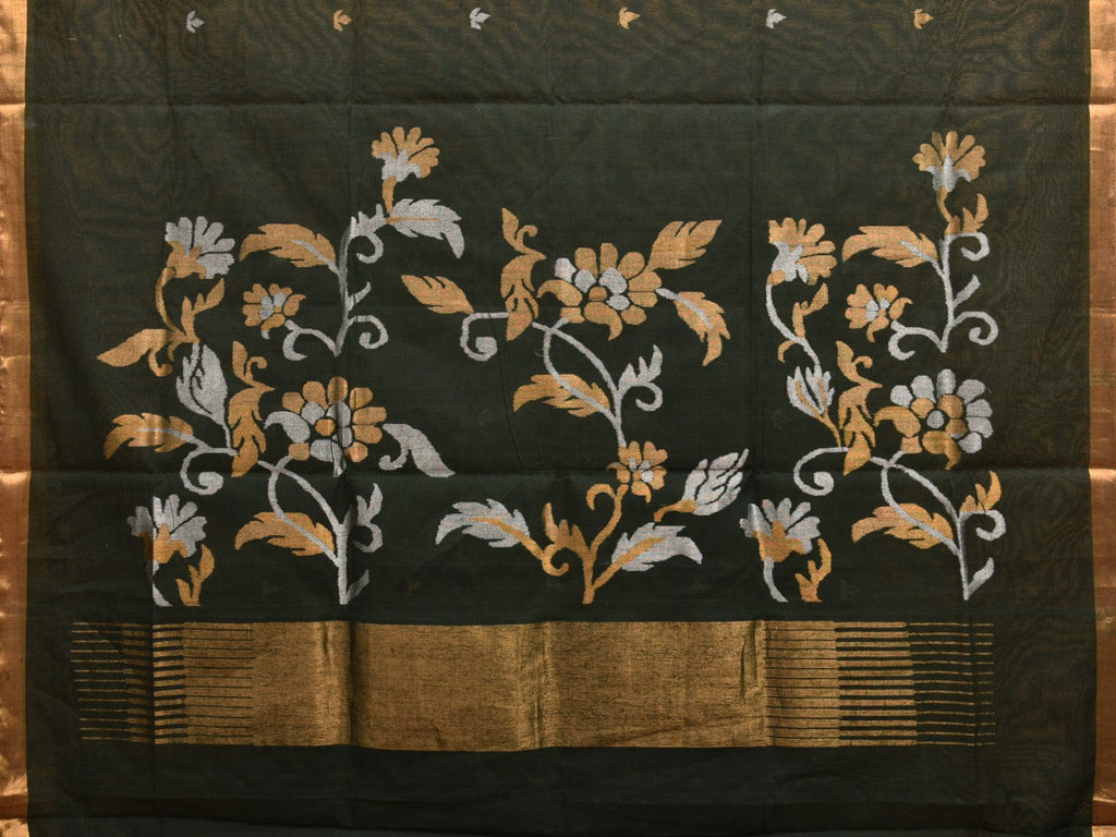 Dark Green Khadi Cotton Handloom Saree with Floral Pallu Design kh0669
