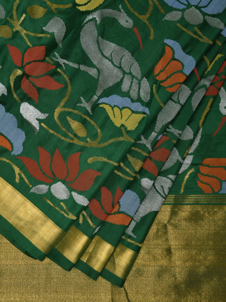 Dark Green Uppada Silk Handloom Saree with All Over Lotus and Birds Design u2185