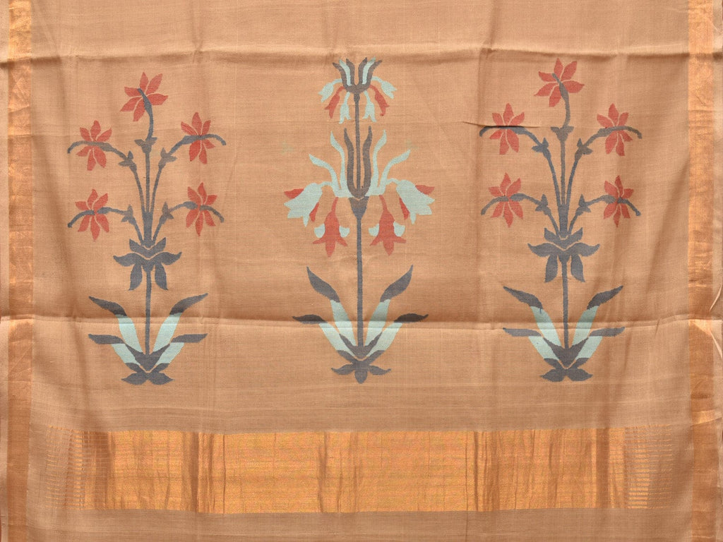 Fawn Khadi Cotton Handloom Saree with Plants Pallu Design kh0641