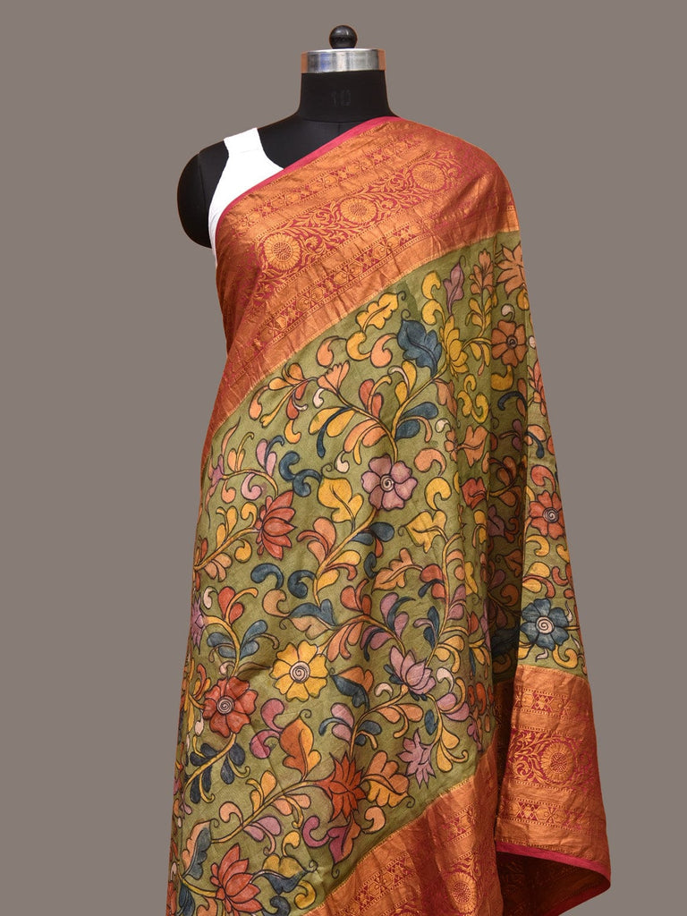 Green and Pink Kalamkari Hand Painted Kanchipuram Silk Handloom Dupatta with Floral and Peacocks Design ds3333