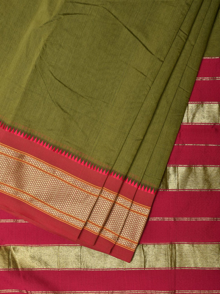 Green and Red Bamboo Cotton Plain Saree with Contrast Pallu Design No Blouse bc0245