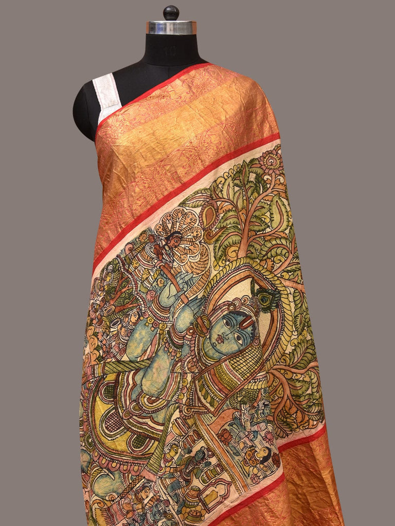 Green and Red Kalamkari Hand Painted Kanchipuram Silk Handloom Dupatta with Krishna Design ds3450