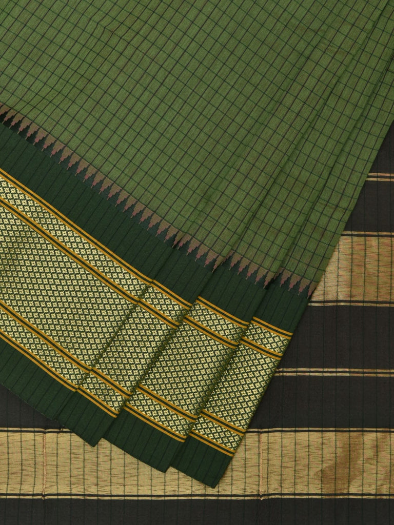 Green Bamboo Cotton Saree with Checks and Strips Pallu Design No Blouse bc0276
