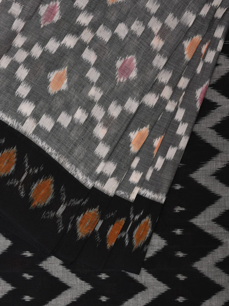 Grey and Black Pochampally Ikat Cotton Handloom Saree with Grill Design No Blouse i0836