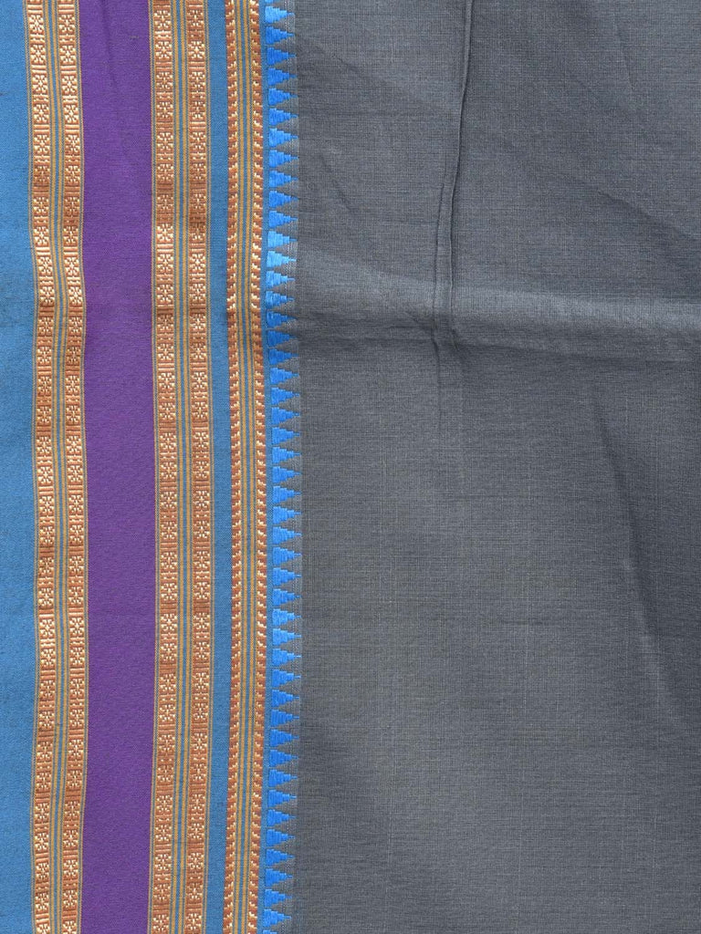Grey and Blue Bamboo Cotton Plain Saree with Small Tmeple Border Design No Blouse bc0156