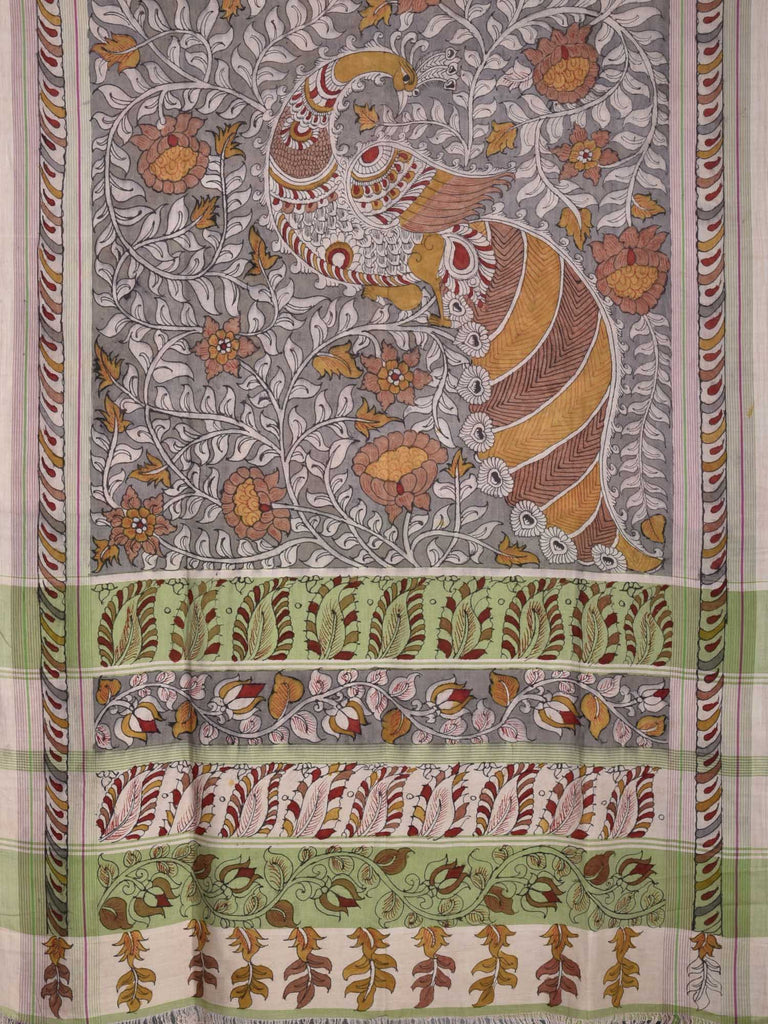 Grey Kalamkari Cotton Hand Painted Saree with Peacock and Lotus Design kl0075