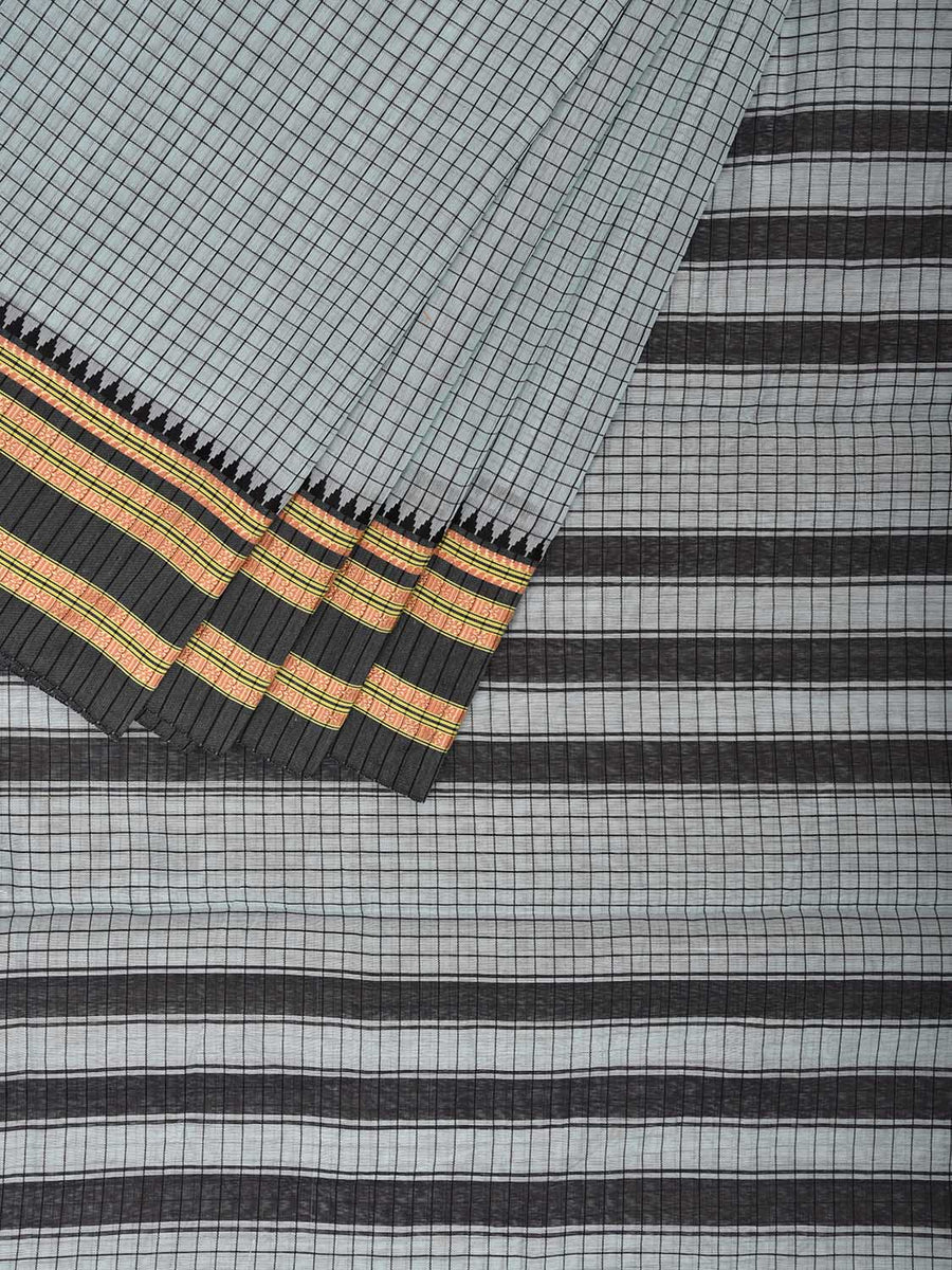 Light Blue and Black Bamboo Cotton Saree with Checks Design No Blouse –  Uppada