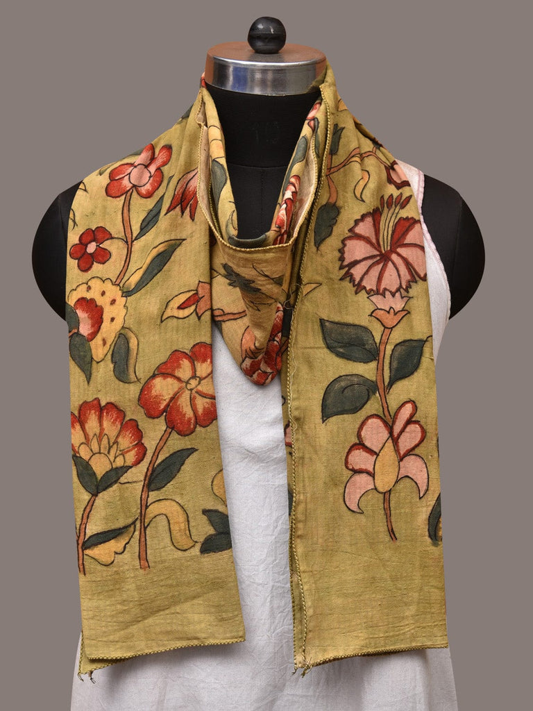 Light Green Kalamkari Hand Painted Cotton Stole with Floral Design ds3521