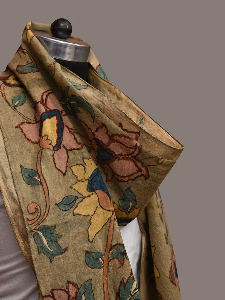 Light Green Kalamkari Hand Painted Sico Stole with Floral Design ds3552