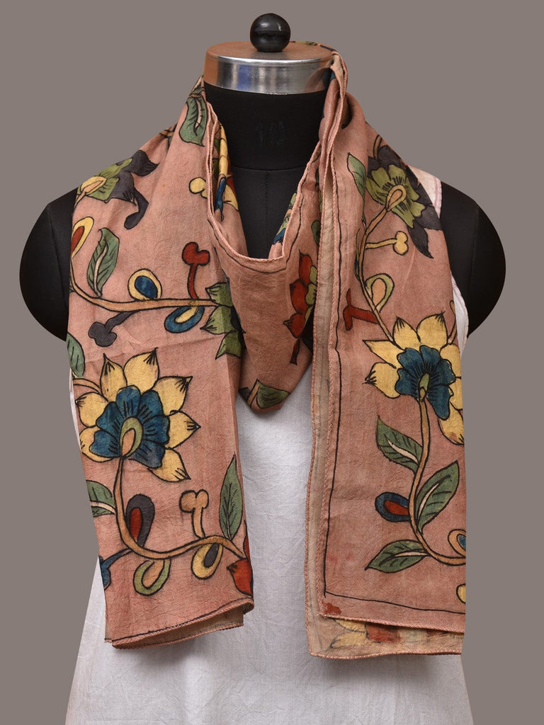 Light Peach Kalamkari Hand Painted Sico Stole with Floral Design ds3528