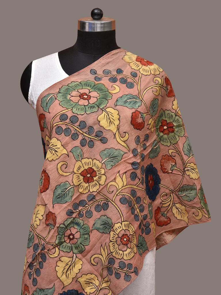 Light Peach Kalamkari Hand Painted Sico Stole with Floral Design ds3561