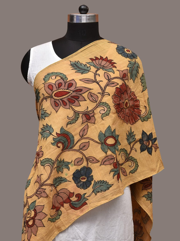 Light Yellow Kalamkari Hand Painted Cotton Stole with Floral Design ds3556