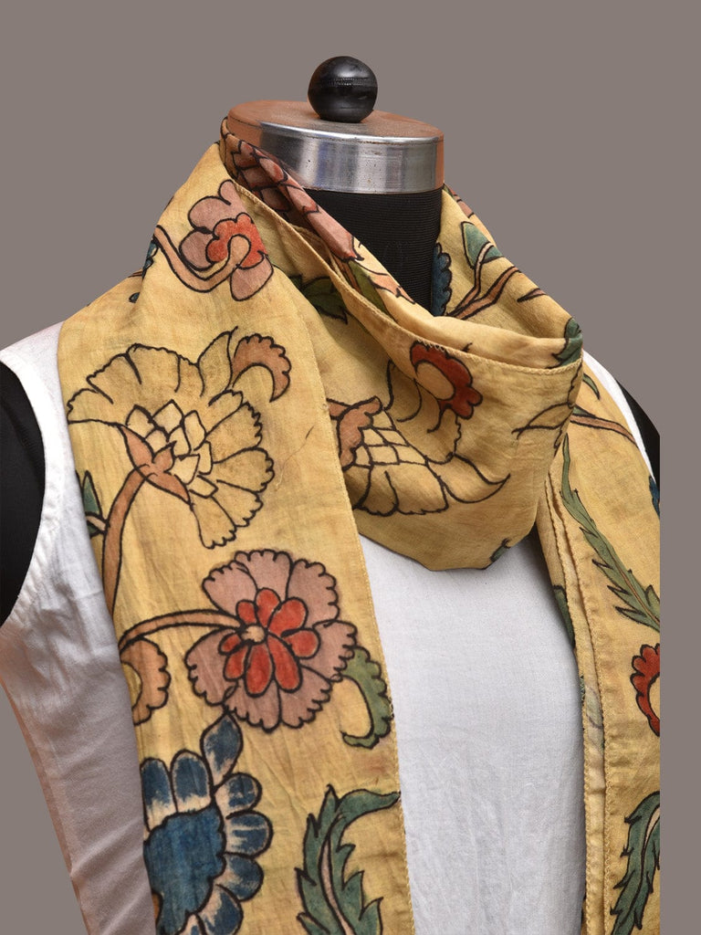Light Yellow Kalamkari Hand Painted Cotton Stole with Floral Design ds3558