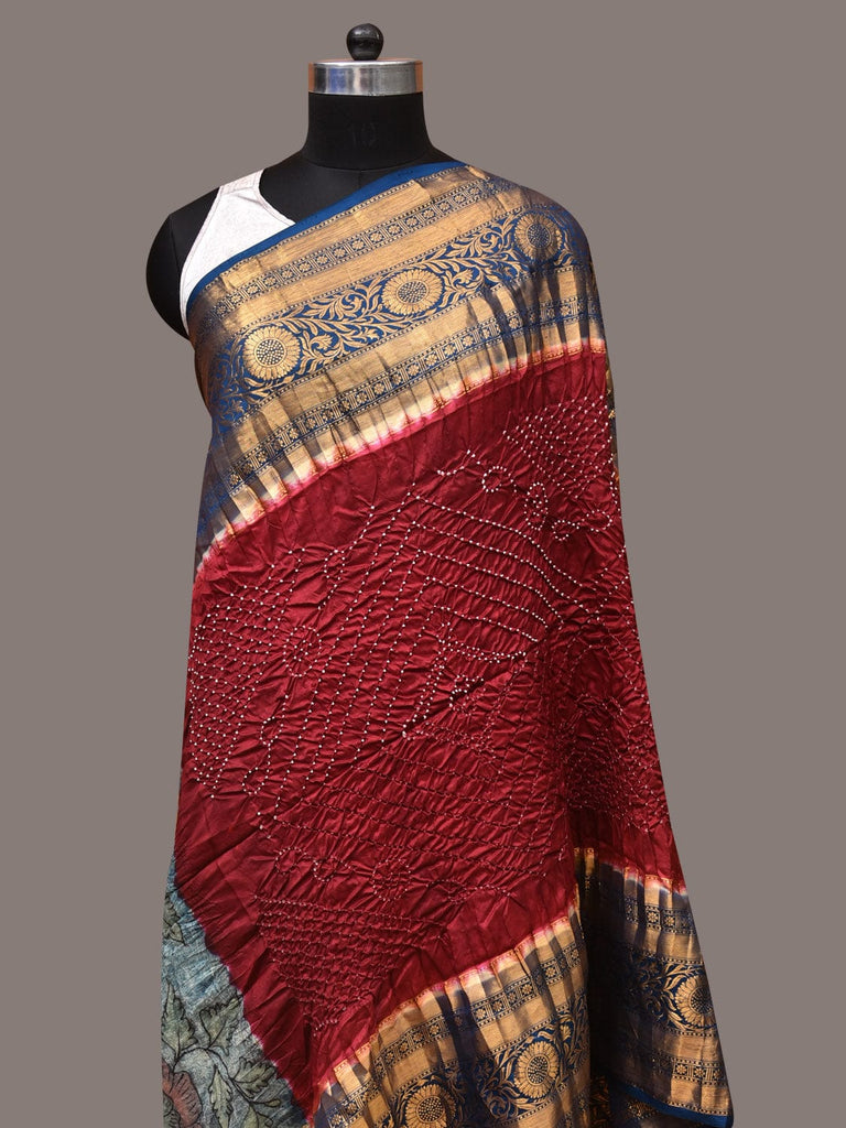 Maroon and Blue Bandhani Kanchipuram Silk Handloom Dupatta with Kalamkari Design ds3493