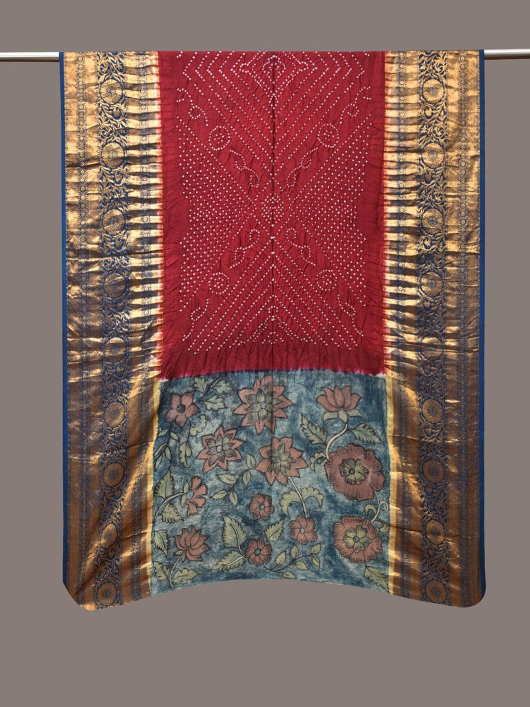 Maroon and Blue Bandhani Kanchipuram Silk Handloom Dupatta with Kalamkari Design ds3493