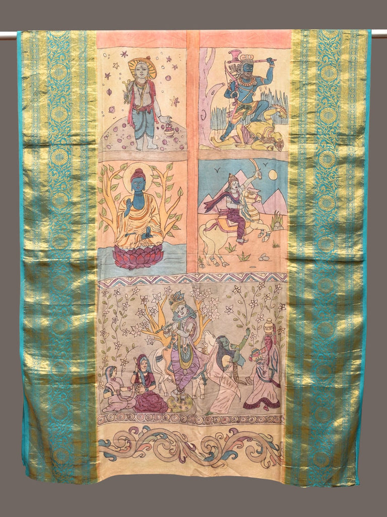 Multicolor Kalamkari Hand Painted Kanchipuram Silk Handloom Dupatta with Dashavatar Design ds3245