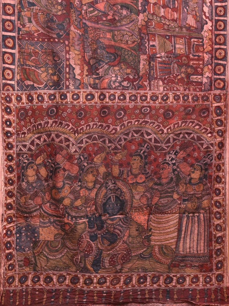 Multicolor Kalamkari Hand Painted Silk Handloom Saree with Krishna Design KL0777