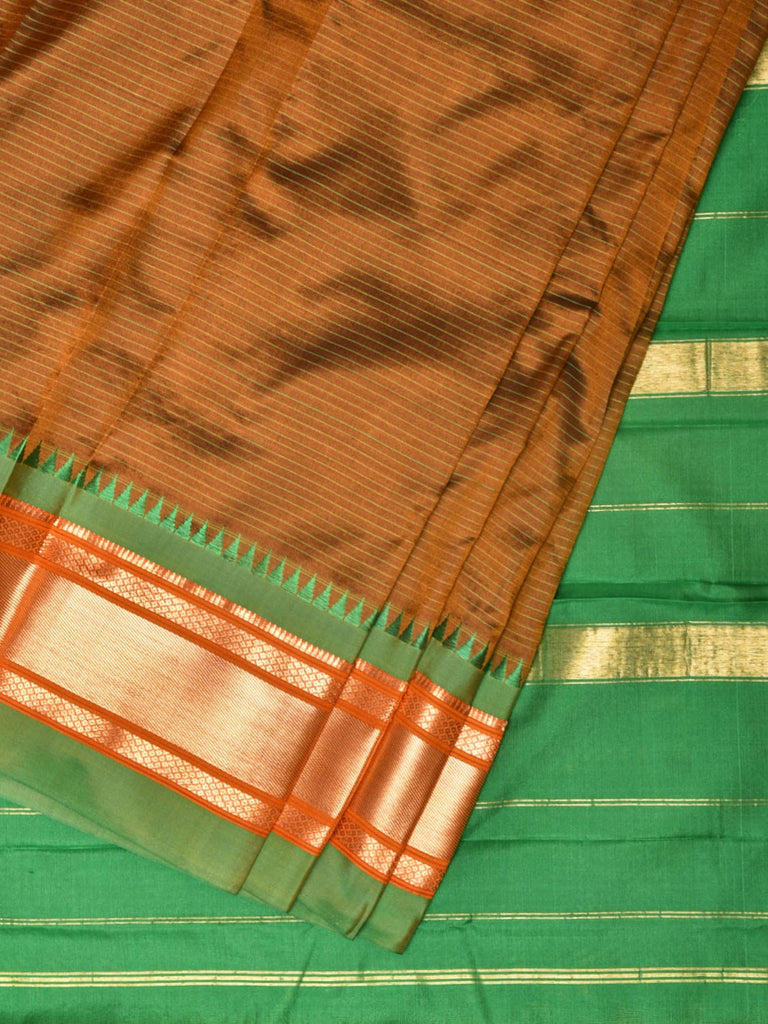 Mustard and Green Narayanpet Silk Saree with Strips Design No Blouse np0781